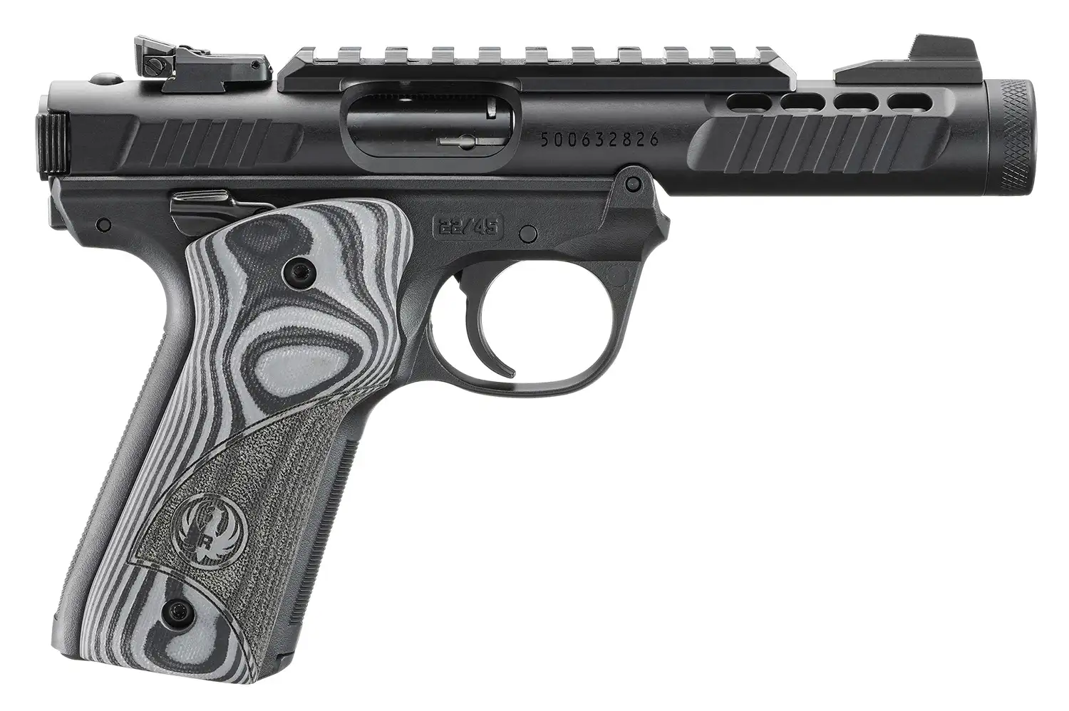 RUGER MRK IV 22/45 LITE 22LR 4.4" NON THREADED BLK ANODIZED, OVERSIZD HOGUE GRIP PLATES 2-10RD MAGS by Ruger / Sturm, Ruger…