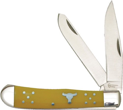 ABKT CATTLEMANS CUTLERY 3.25" - YELLOW HANDLE TRAPPER 2-BLADE by American Buffalo Knife & Tool