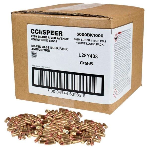 CCI Blazer Brass Handgun Ammunition 9mm Luger 115gr FMJ 1145 fps 1000/ct Loose Bulk Pack by CCI Ammunition