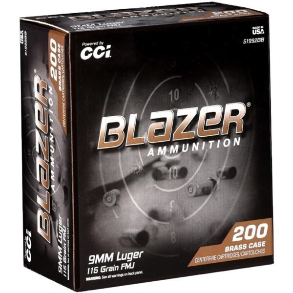 CCI Blazer Brass Handgun Ammunition 9mm Luger 115gr FMJ 1145 fps 200/ct by CCI Ammunition