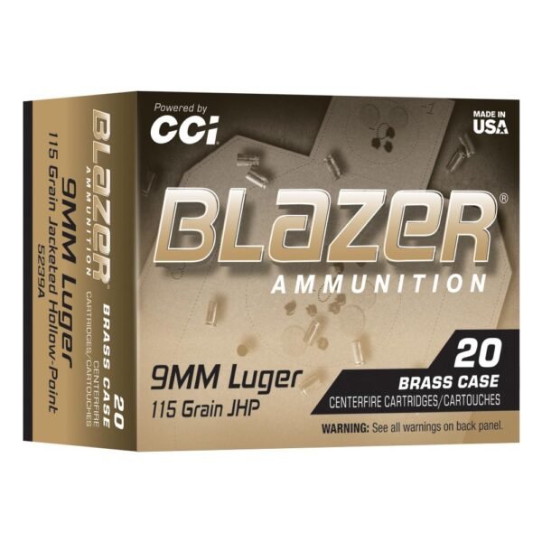CCI Blazer Brass Handgun Ammunition 9mm Luger 115gr JHP 1145 fps 20/ct by CCI Ammunition