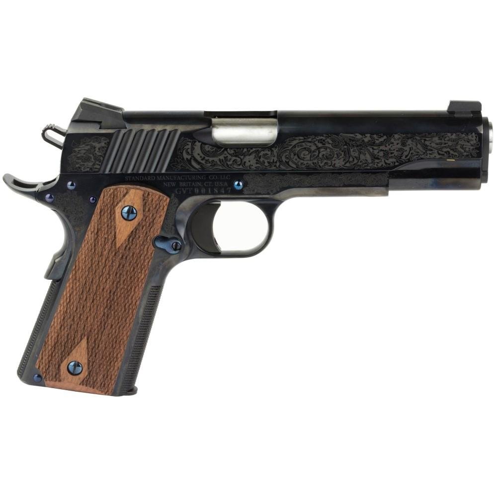 Standard Mfg 1911 Handgun .45 ACP 7rd Magazine 5" Barrel Black and Royal Blue Engraving with Brown Grips by Standard…