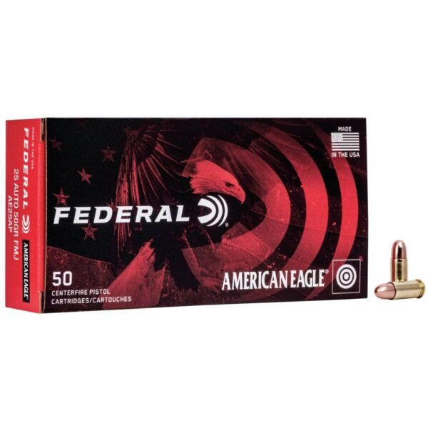 American Eagle Handgun Ammunition .25 ACP 50 gr FMJ 760 fps 50/rd by Federal Ammunition