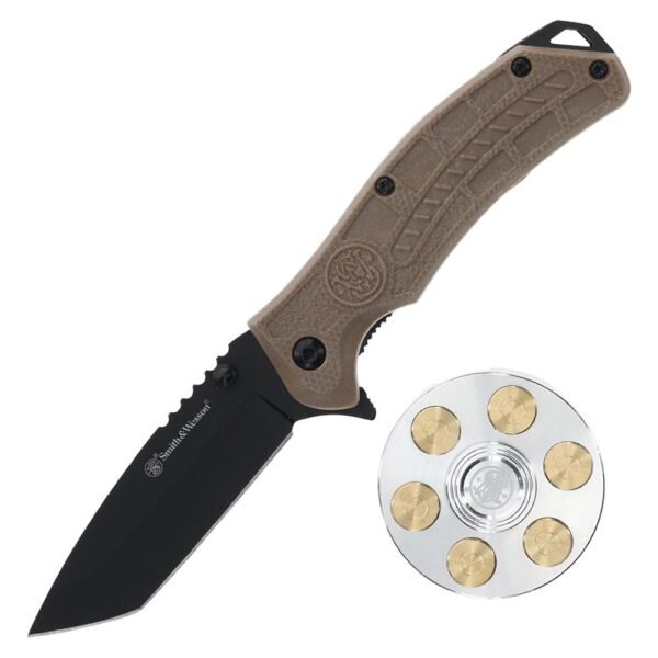 Smith & Wesson Folding Knife and Fidget Spinner Combo 3" Tanto Blade Black Brown by Battenfeld