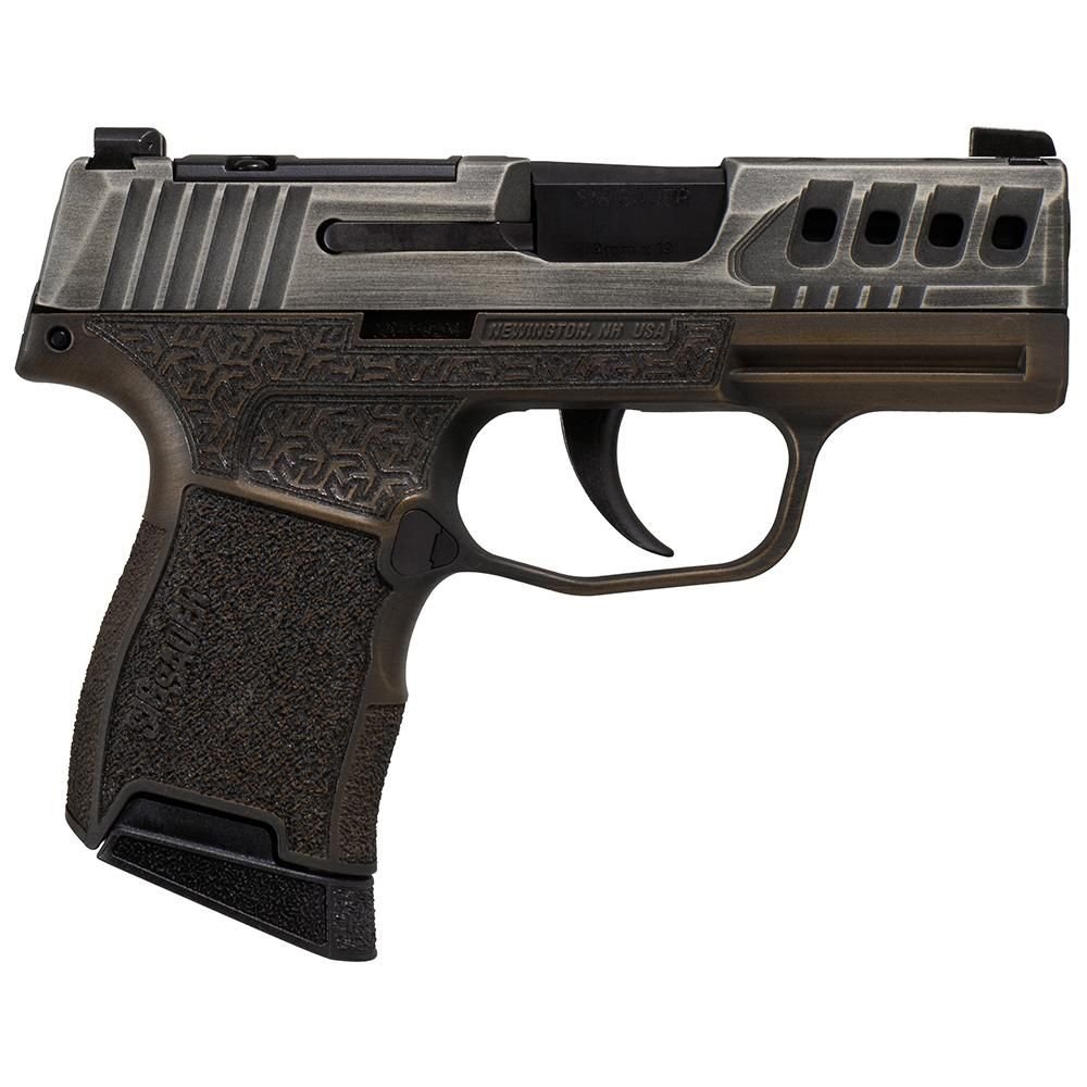 Sig Sauer P365 "Gold Bug" Handgun 9mm luger 10rd Magazines(2) 3.1" Black Barrel Tactical Cut Distressed Grey Slide/Brown…