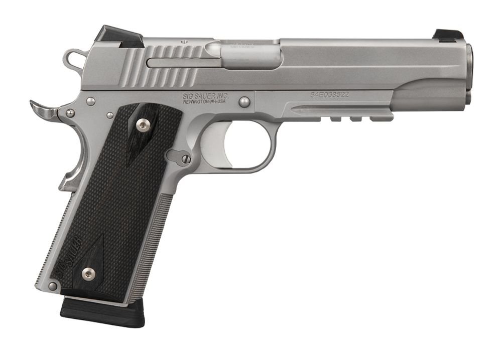 SIG SAUER 1911 45ACP 5" STAINLESS FINISH, BLK GRIP, 2-8RD CA COMPLIANT