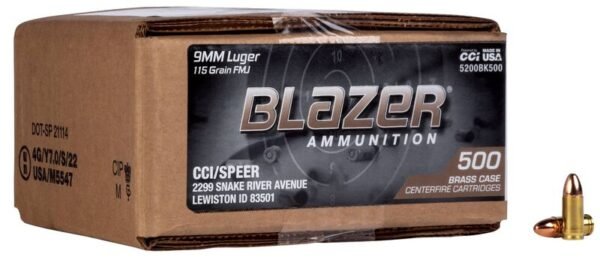 BLAZER BRASS 9MM 115G FMJ 500RD CASE by CCI Ammunition