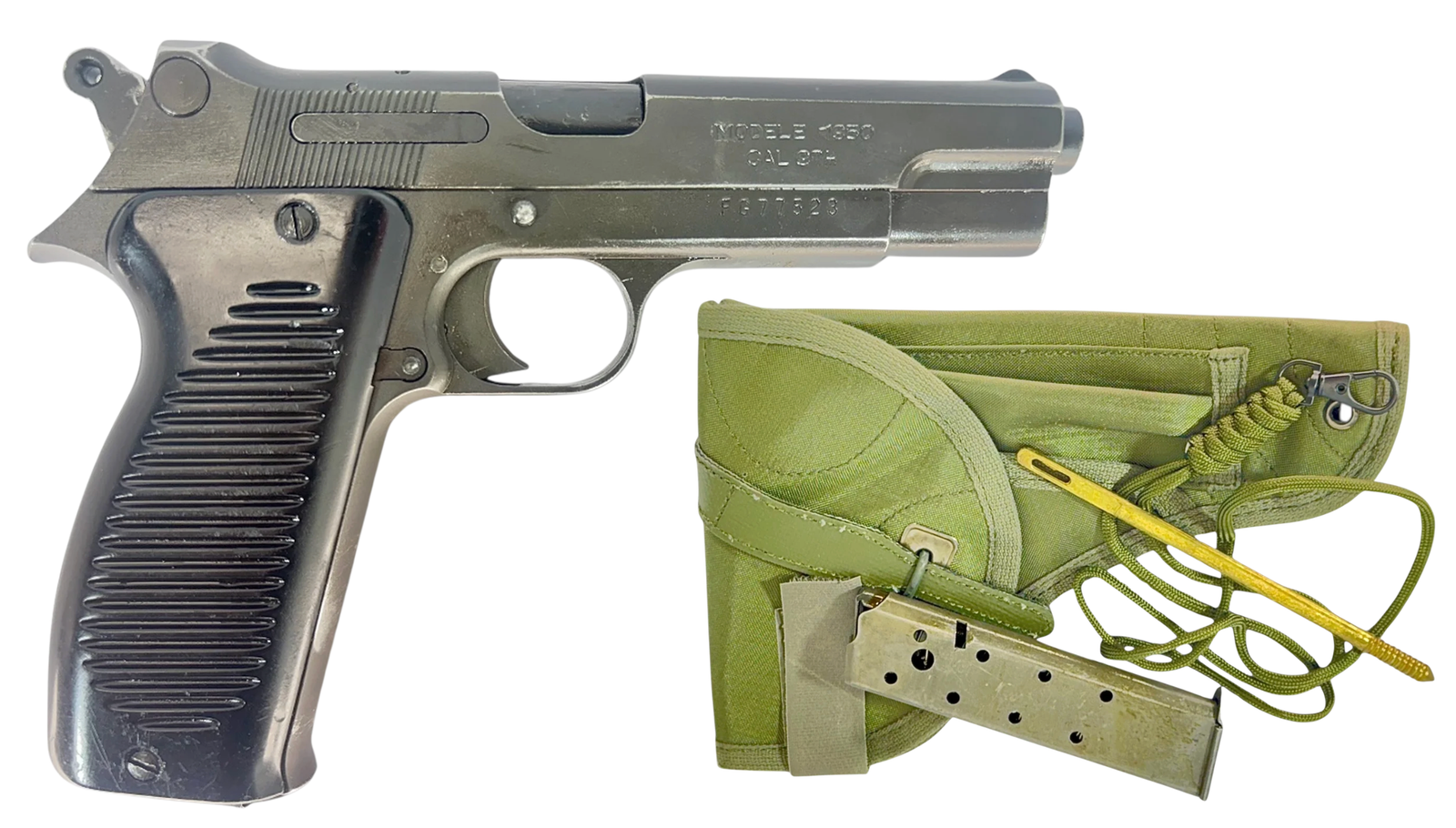 NAVY ARMS MAC 50 PISTOLS SURPLUS 9MM PISTOL W/ HLSTER, CLEANING KIT, LANYARD, ORIGINAL FRENCH MANUAL
